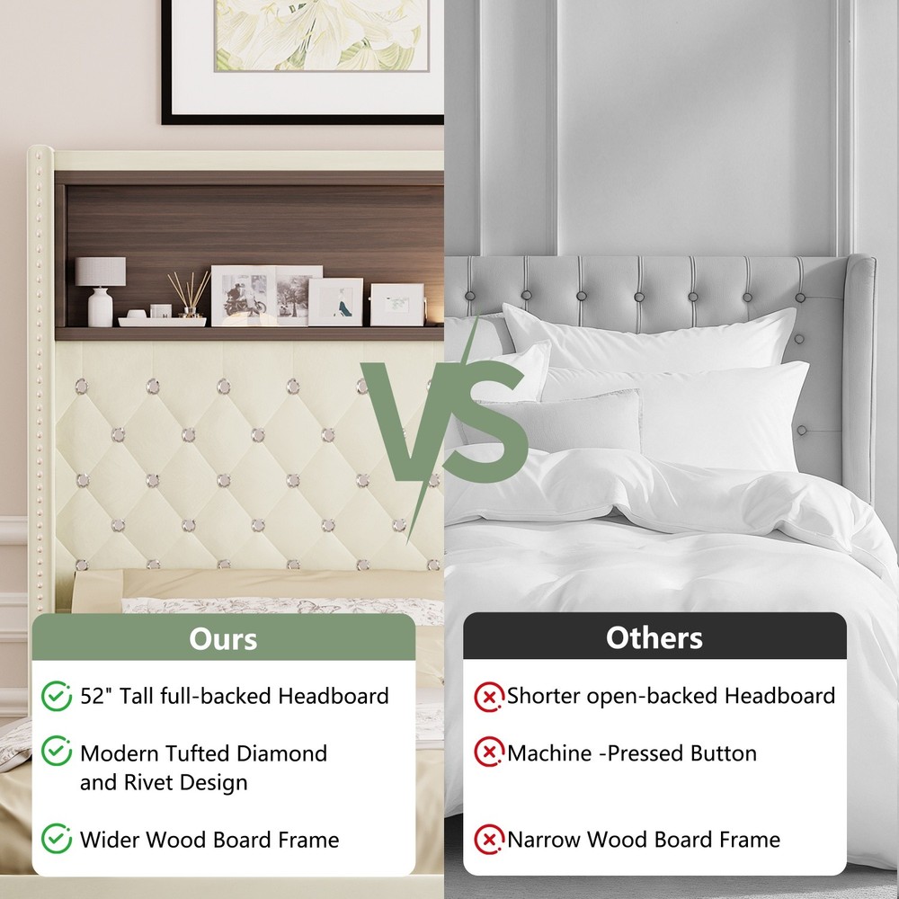 Full Size Velvet Bed Frame w/ Tufted Storage Headboard & Night Light & USB Port