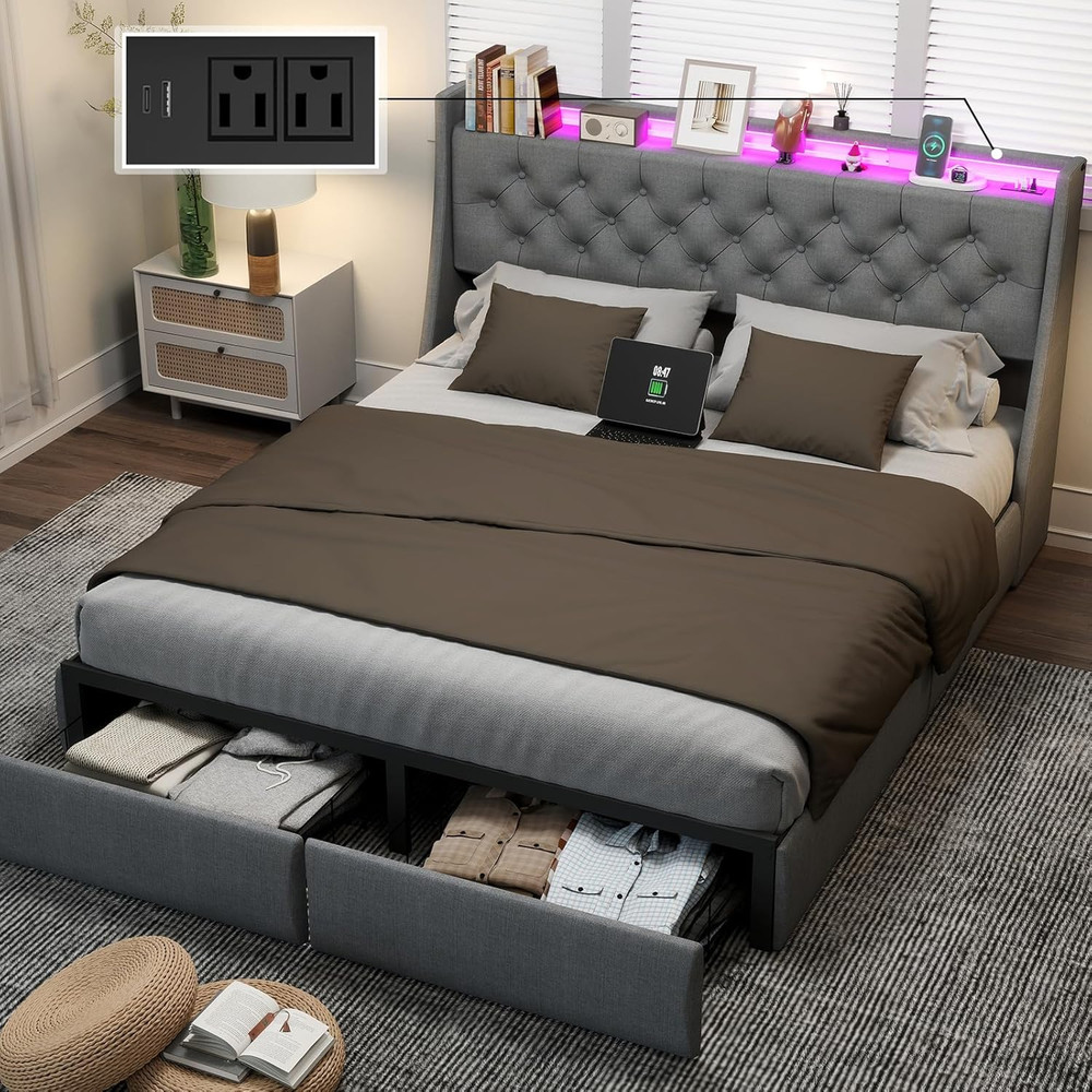 Queen Size Bed Frame with Charging Station and Headboard, Upholstered Button Tuf
