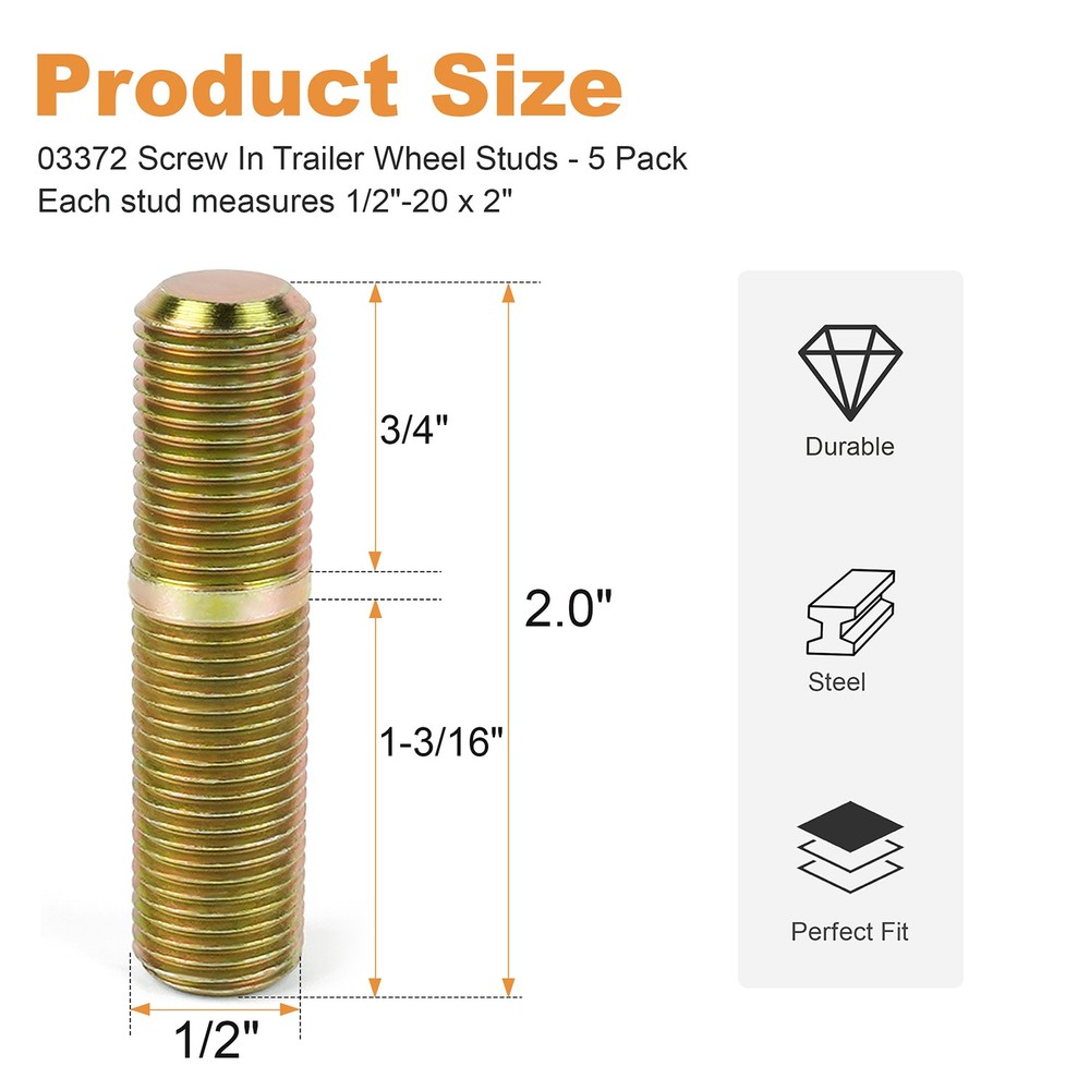 03372 Screw In Trailer Wheel Studs - 5 Pack，Each stud measures 1/2"-20 x 2"