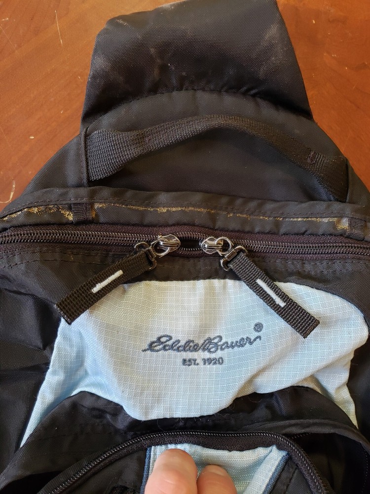 EDDIE BAUER Black with Light Blue Nylon Adjustable One Strap Sling Backpack