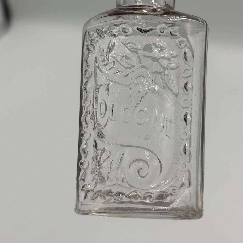 Antique Victorian Embossed “Cologne” Perfume Bottle Floral Scroll Glass Empty