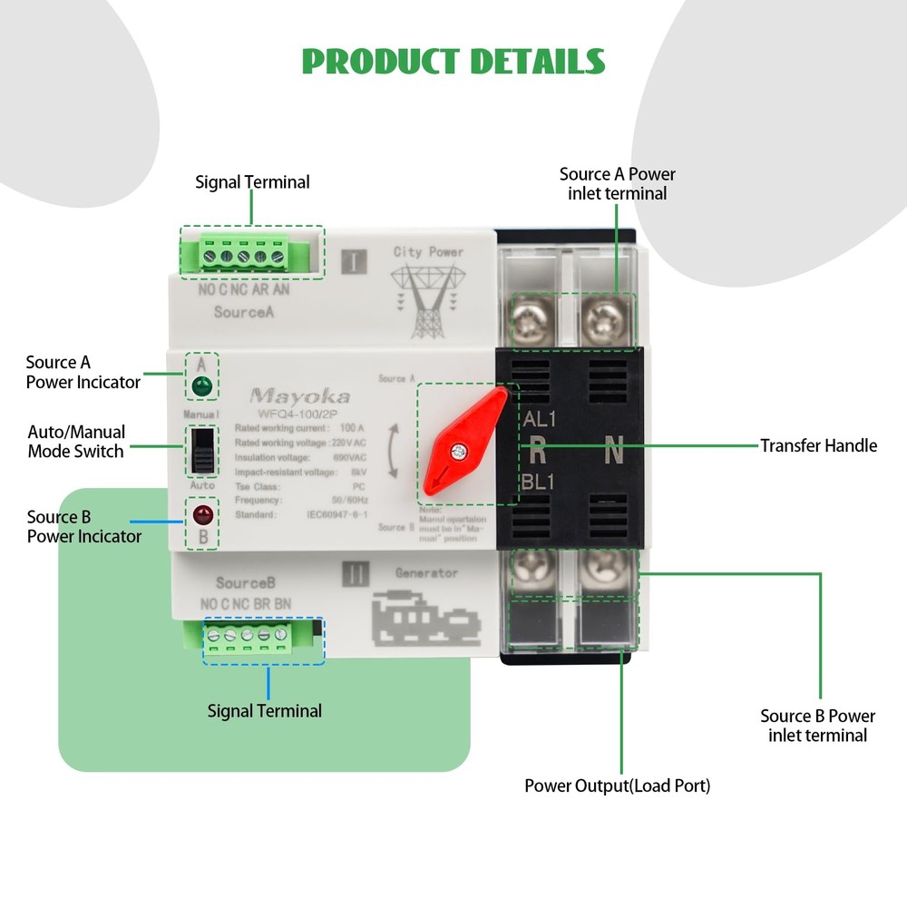 100A Automatic Transfer Switch for Home Generator - AC 220V 2 Pole ATS with...