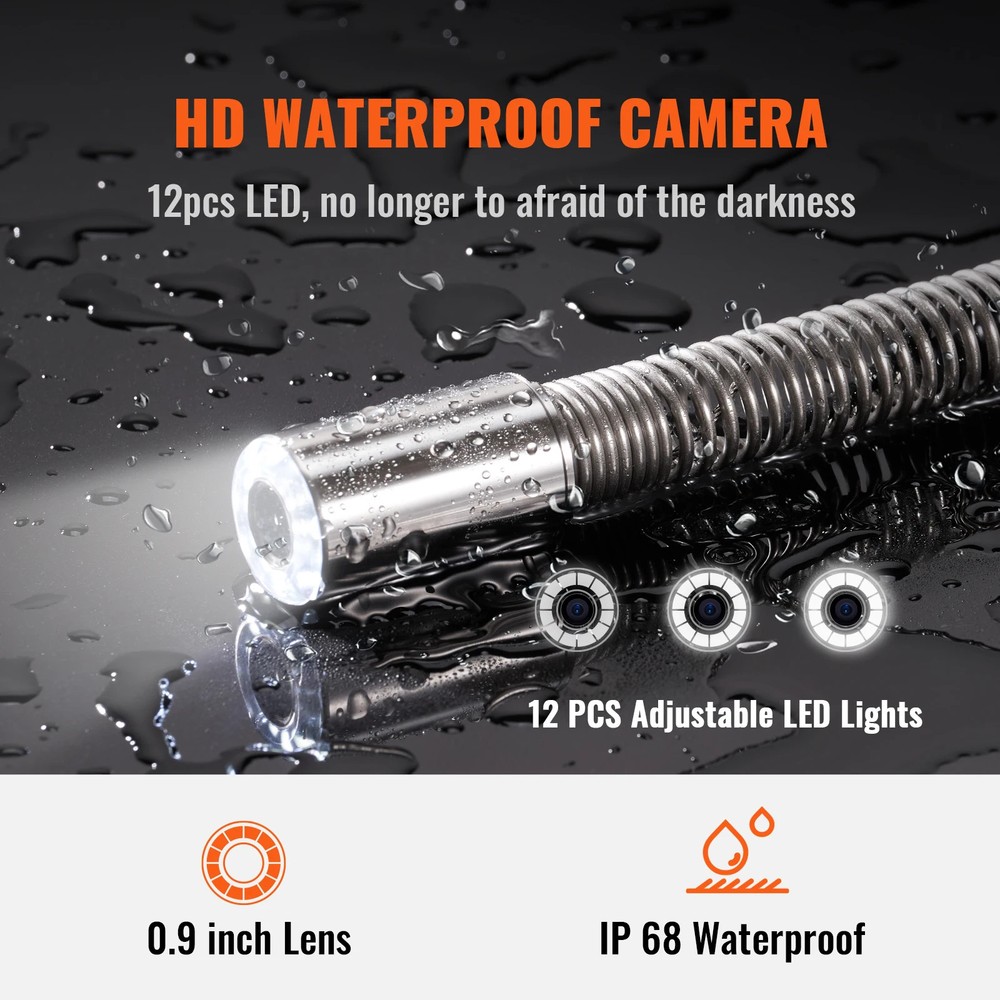 Sewer Camera 9" Screen Pipeline Inspection Camera w/ DVR Function Waterproof