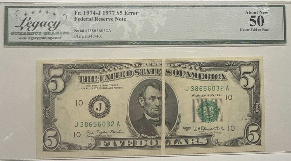 LEGACY50 1977 $5 GUTTER FOLD ERROR CROSS FACE 6032A