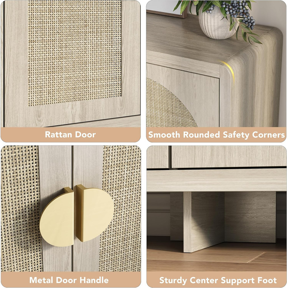 Boho Rattan Sideboard Buffet Cabinet with Adjustable Shelves, 55" Console Table