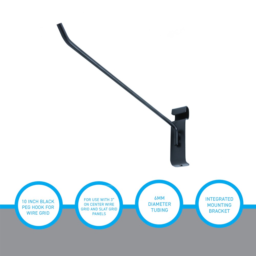 SSWBasics 10 Inch Black Peg Hook for Gridwall - 50 Pack Grid Wall Hooks -