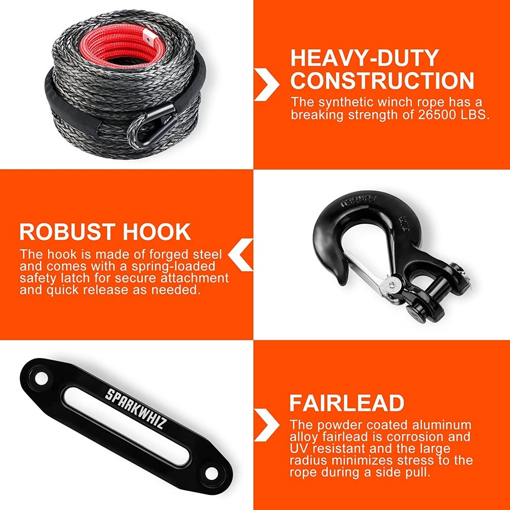 26500lbs 3/8"x100ft Advanced Synthetic Winch Rope Winch Cable w/Hook Hardware