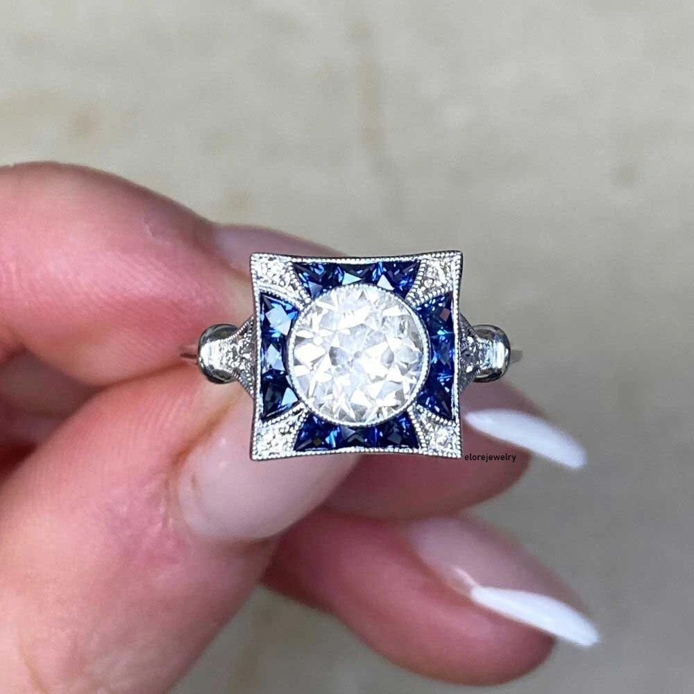 Art Deco Round Cut Lab Created Diamond & Sapphire 925 Silver Engagement Ring