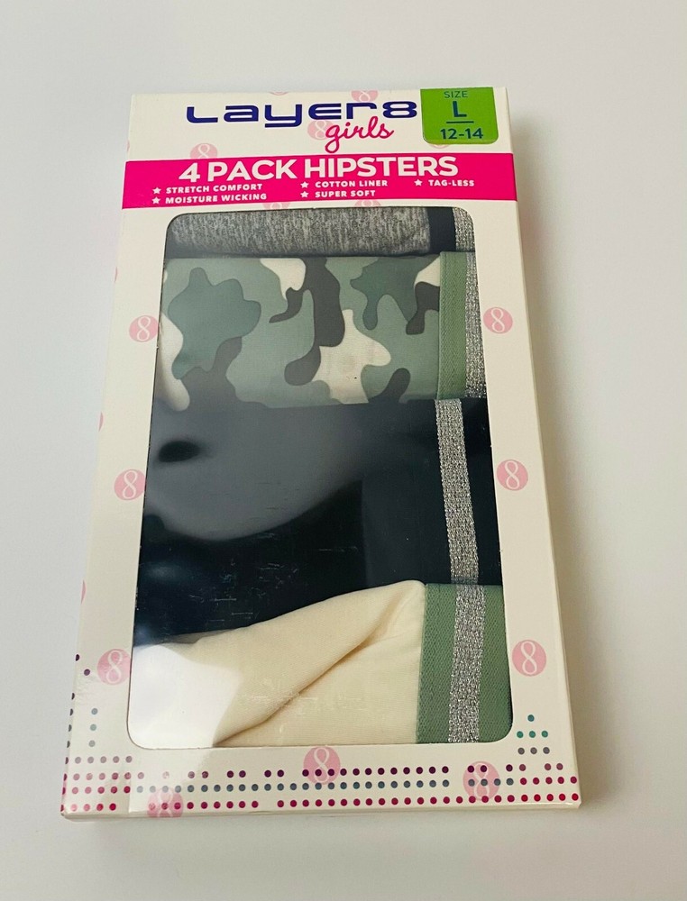 Layer 8 girls 4 Pack Hipsters Camo/Grey/White/Black New