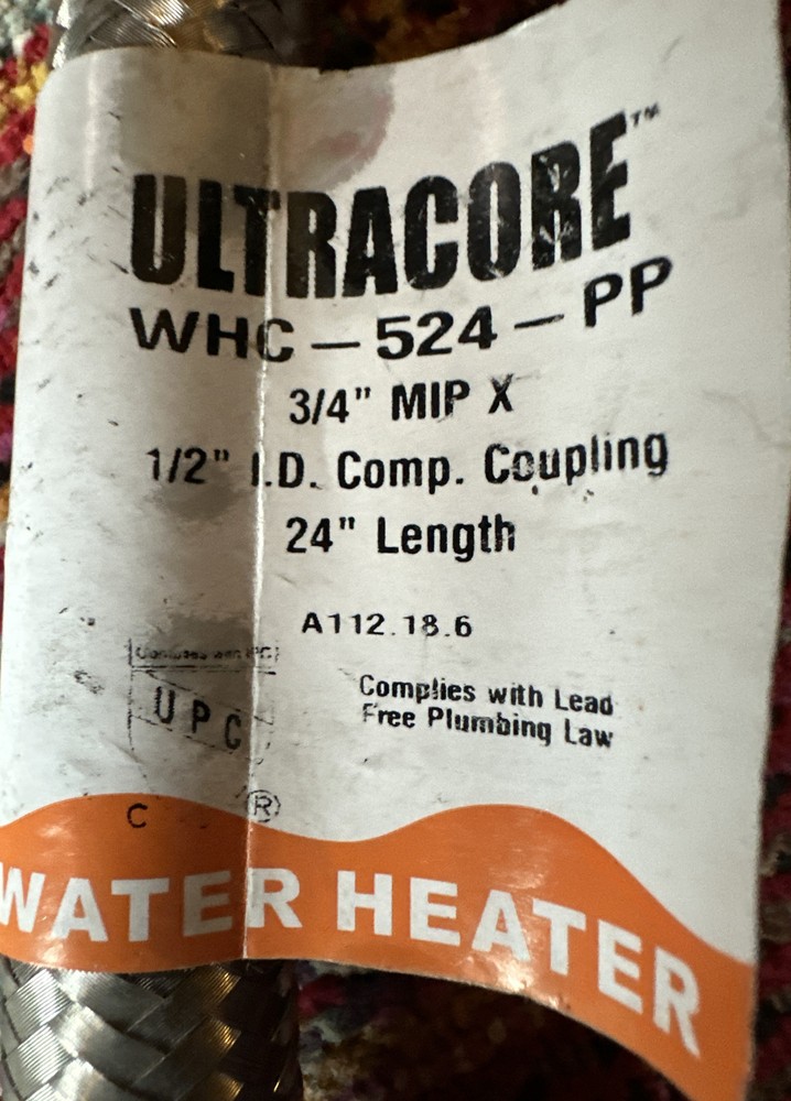 Ultracore WHC-124-PP 3/4" MIP X 7/8" OD Comp 24" Braided Water Heater Hose