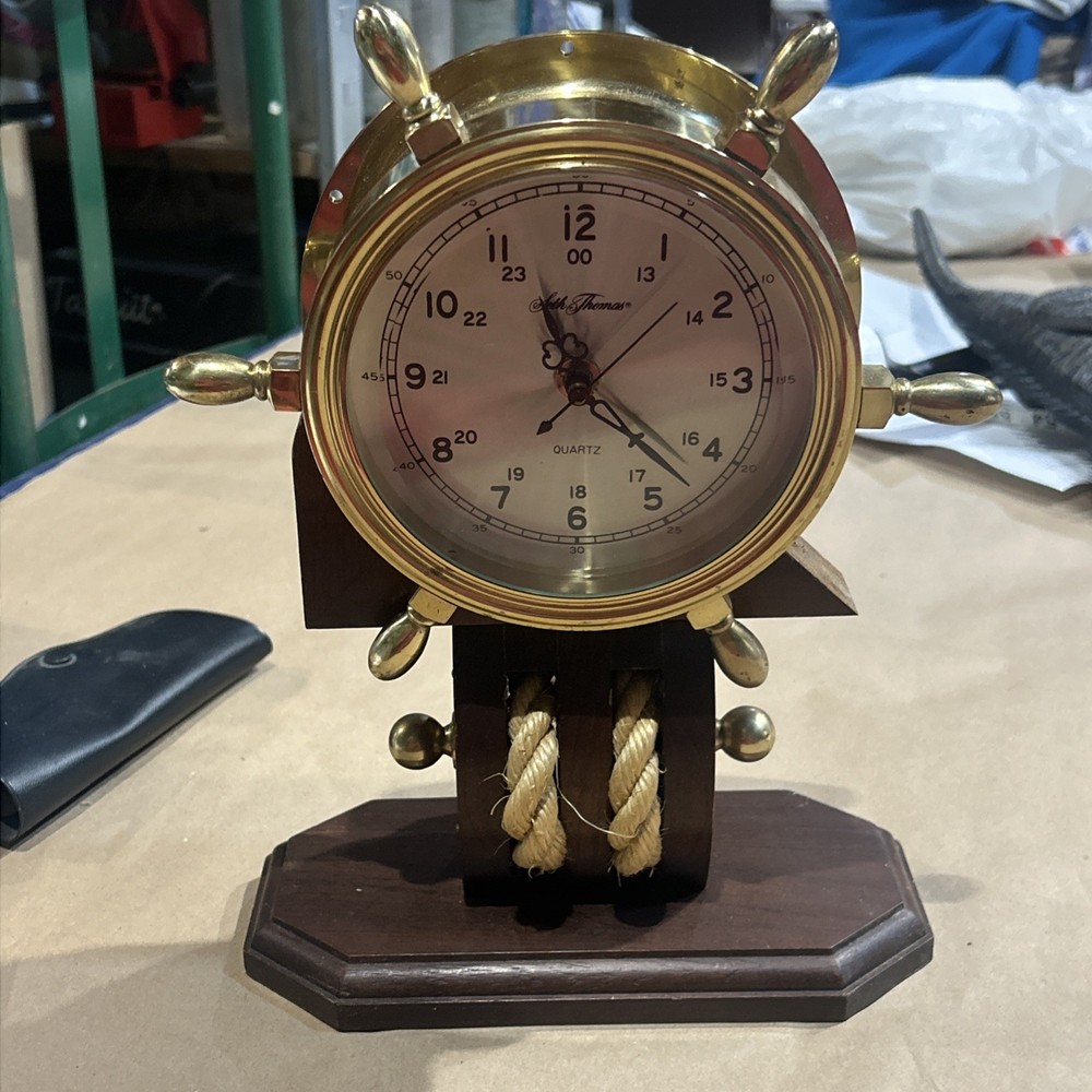 SETH THOMAS MARITIME, SOLID BRASS, SHIP'S TABLE TOP CLOCK Damaged Stand Working