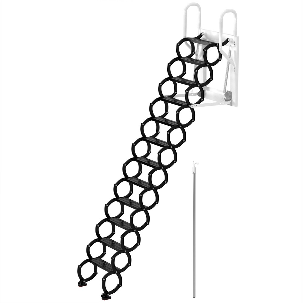 Wall Mounted Folding Ladder Black Loft Attic Stairs Pull down 12 Steps👍