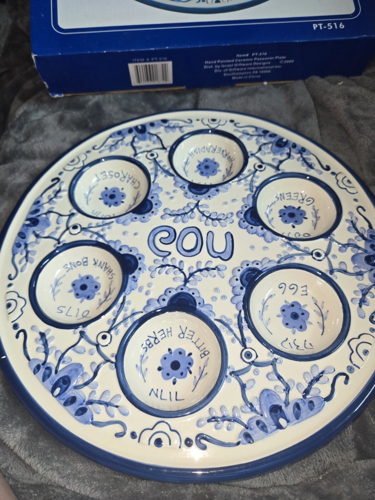 Hand Painted Handmade Ceramic Passover Seder Plate Blue & White PT-516