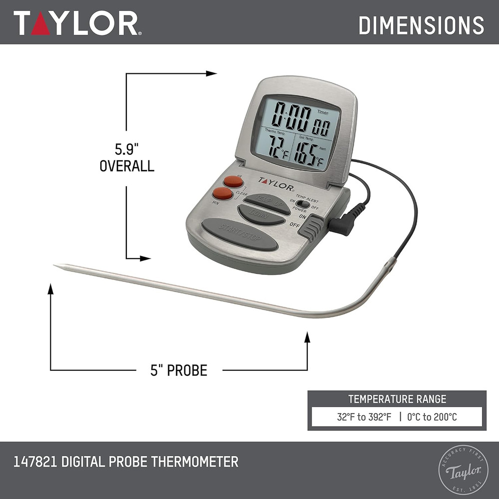 Programmable Instant-Read Wired Probe Digital Meat Thermometer, Stainless Steel