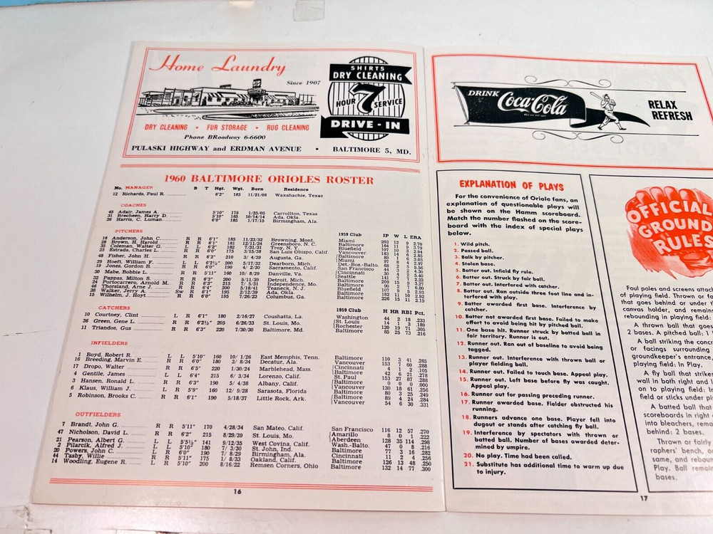 🔥 1960 Baltimore Orioles Baseball Program v White Sox Unscored HIGH GRADE!🔥