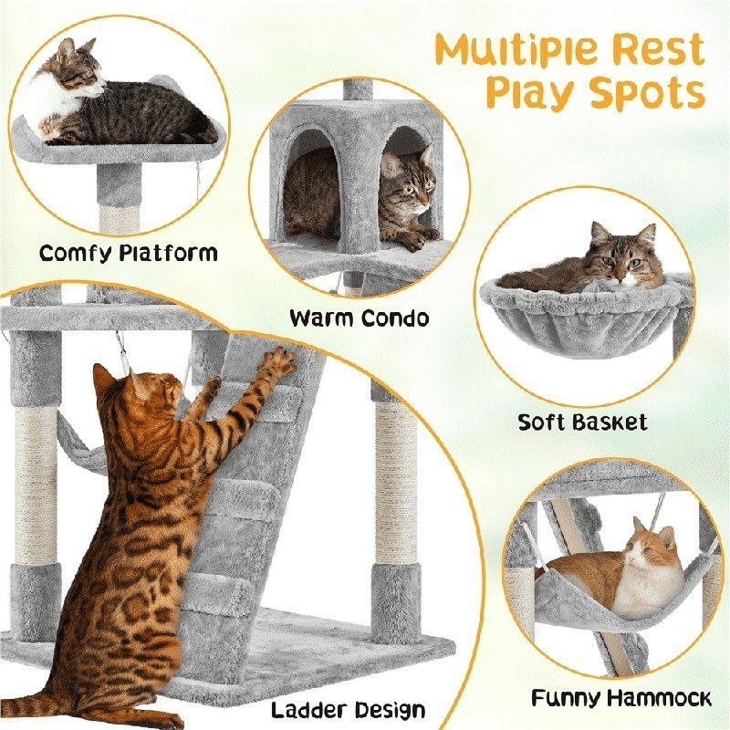 54" Cat Tree Tower Hammock Basket Scratching Post Multi Level Small Cats New