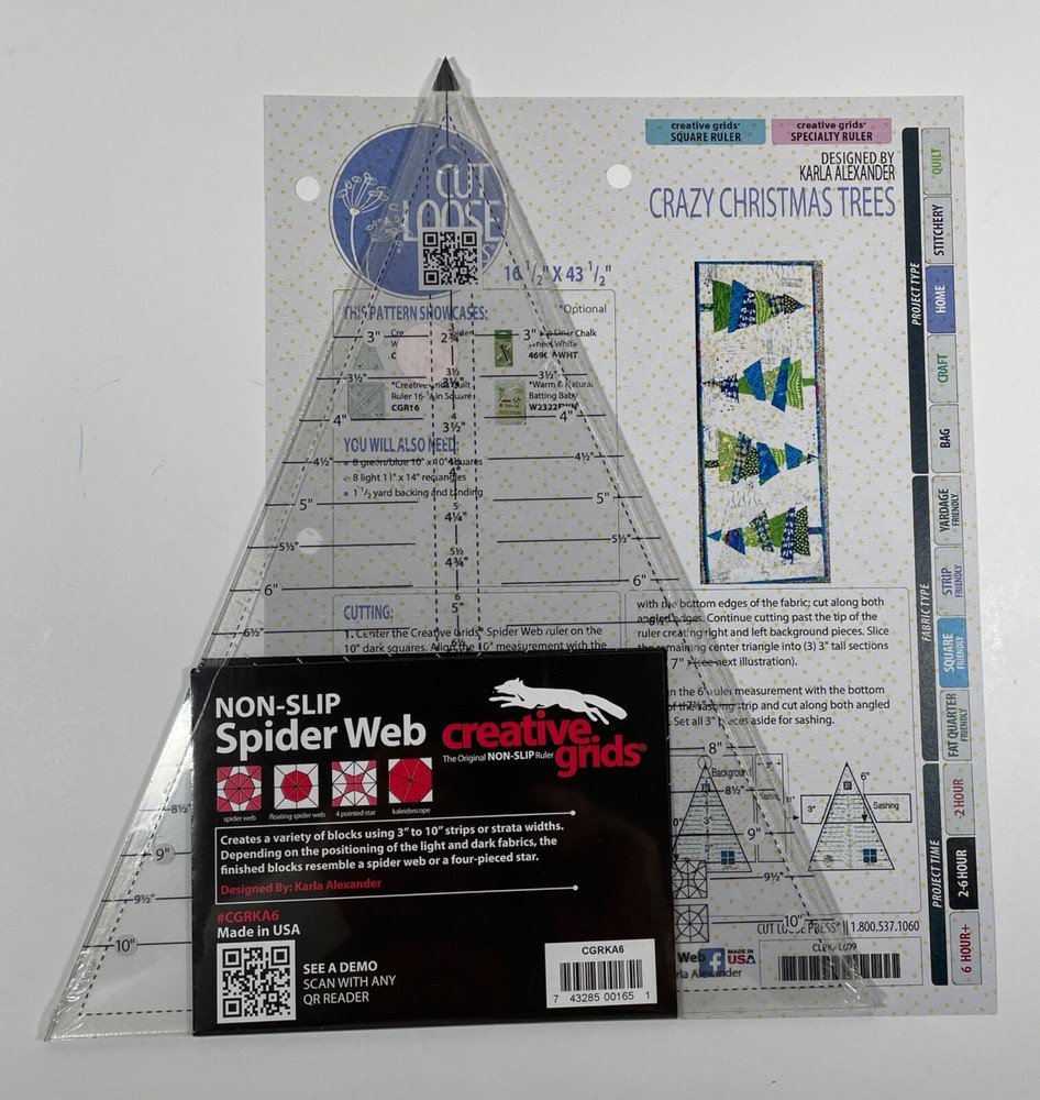 Creative Grids Spider Web Quilt Ruler  CGRKA6 + Crazy Christmas Trees Pattern