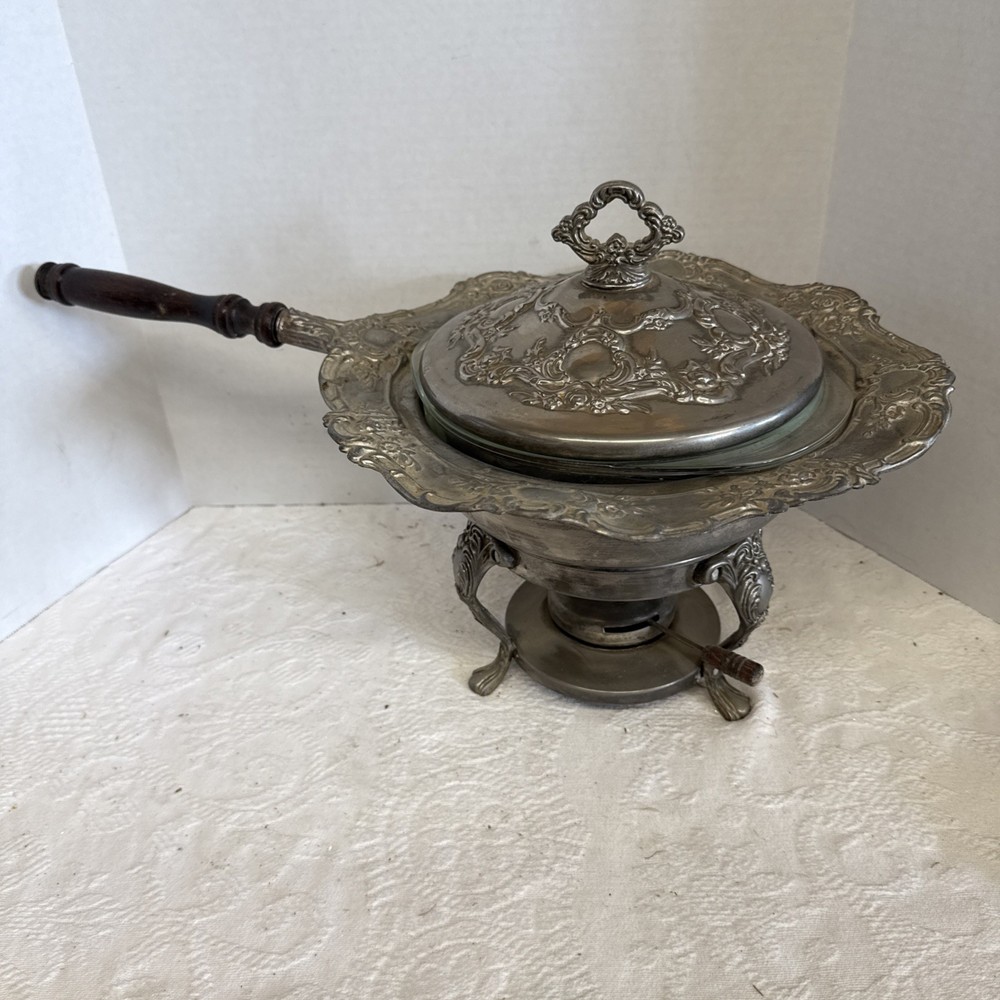 Vtg Silver Chafing Dish With Handle/Cover Pyrex Bowl