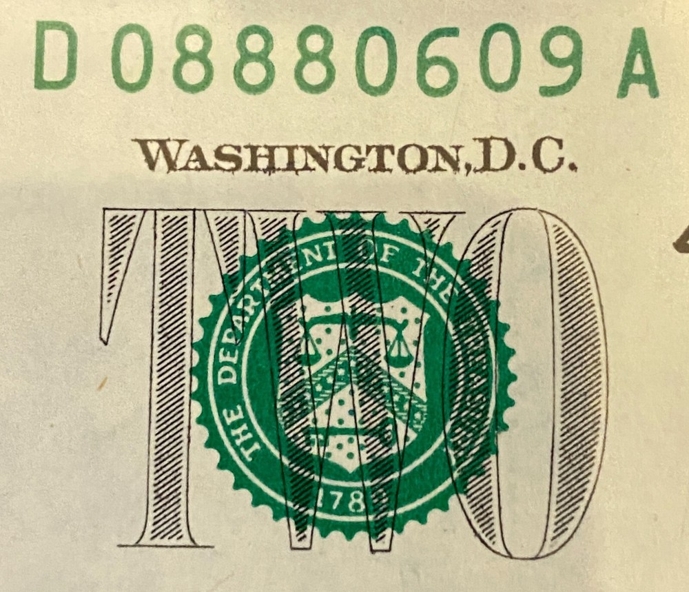 $2 UNCIRCULATED NOTE "08880609", FLIPPER / ROTATOR (STRICT)