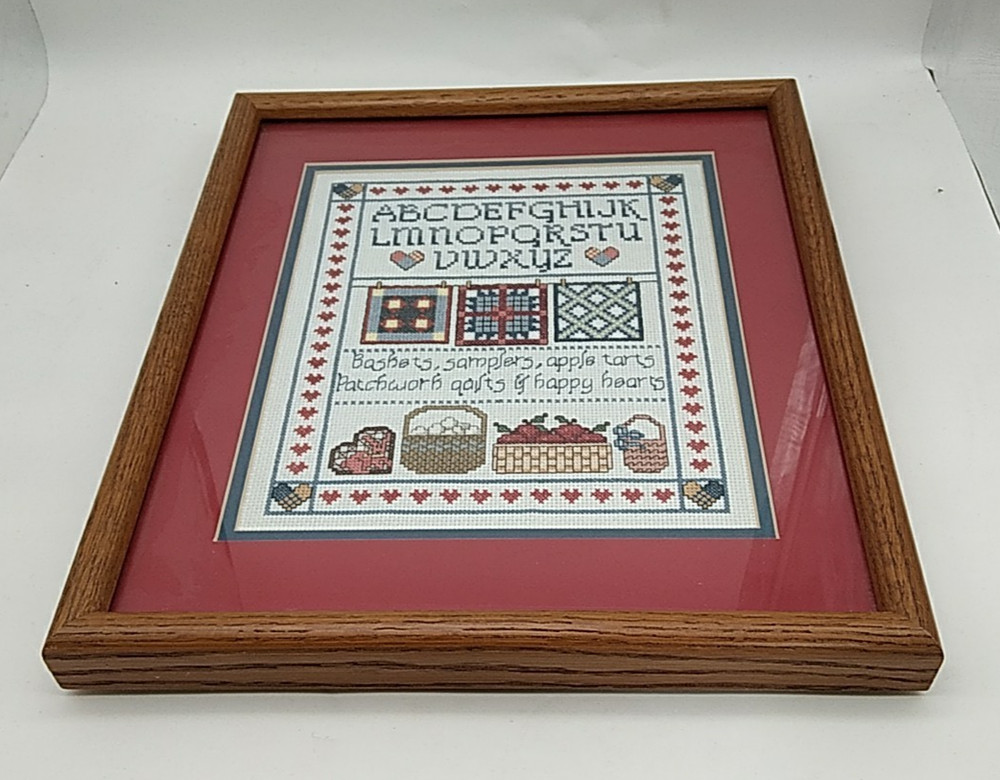 Vintage Framed Matted Completed Cross Stitch ALPHABET SAMPLER Baskets, Quilts +