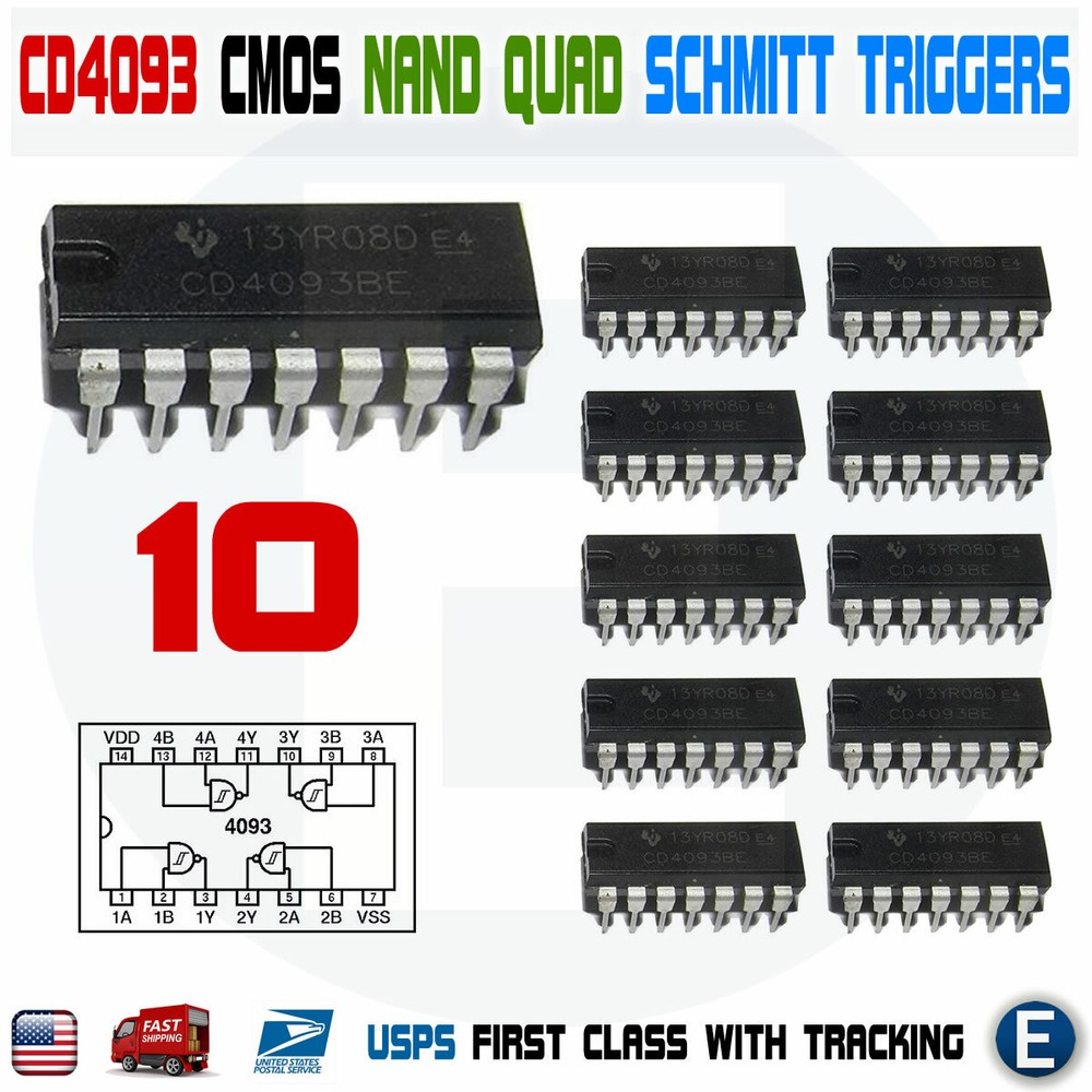 10PCS CD4093BE CD4093 4093 DIP-14 4 Schmitt-trigger circuits NAND Gate USA