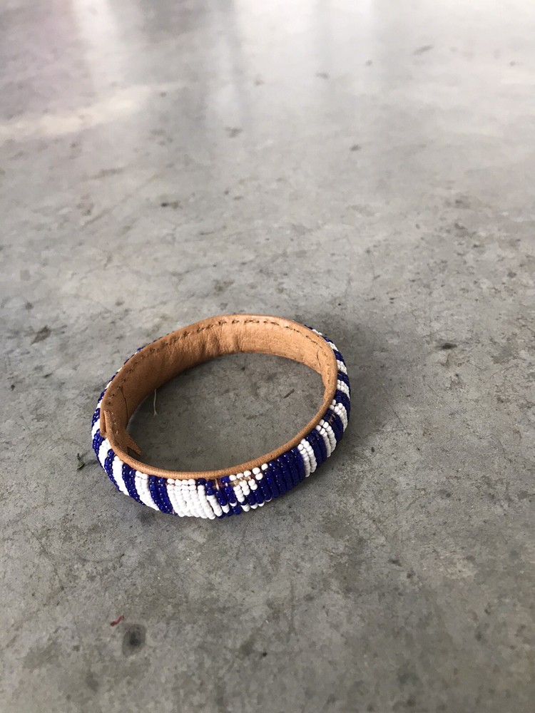 Handmade Blue White Beaded Leather Bangle Bracelet