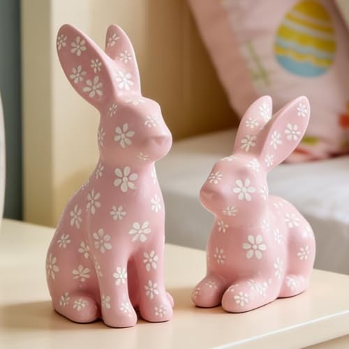 Easter Decorations Floral Bunny Figurines Set, Pink Rabbit Decor with White