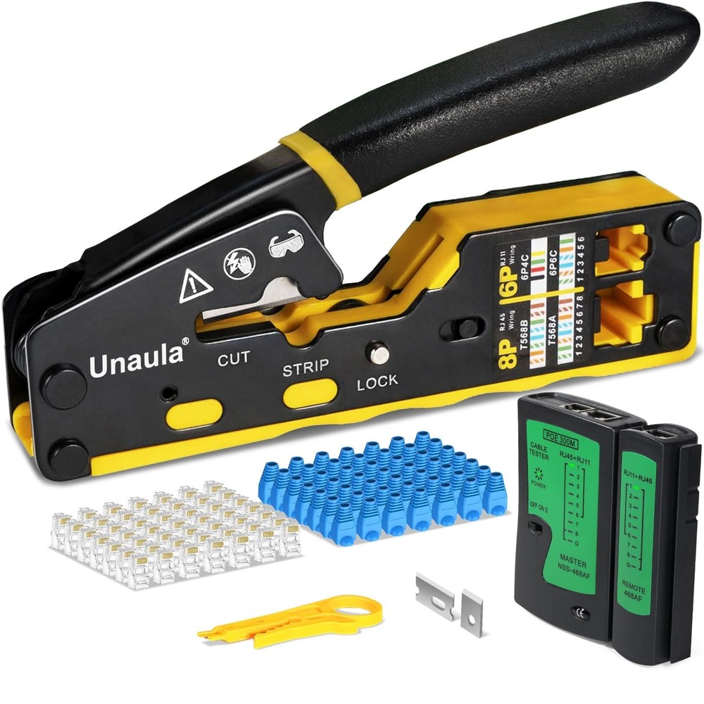 Ethernet Crimp Tool Kit - Pass Through Crimper, Cable Tester, Stripper & 50 Conn