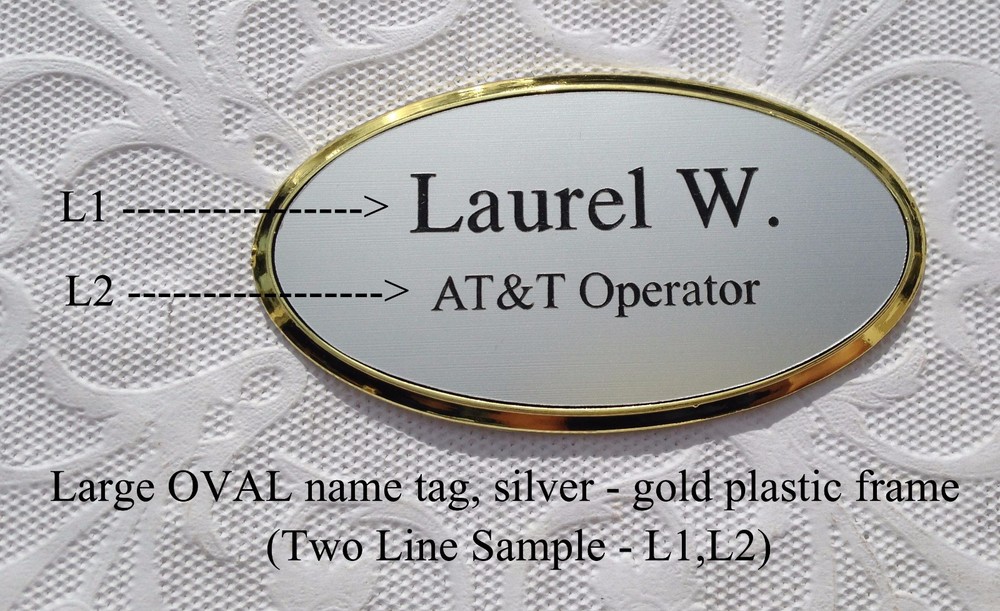 Personalized / Custom Engraved LRG OVAL Name Tag SILVER w/ GOLD Frame