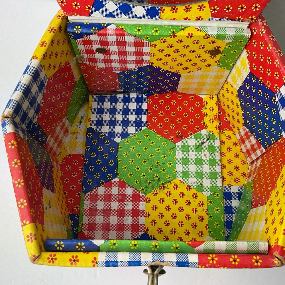 Patchwork Print Sewing Box with Tray Vintage 70s Hexagon Shape Storage