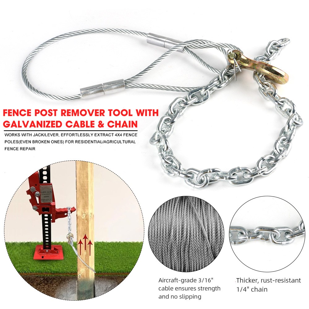 Fence Post Remover Tool w/ Galvanized Cable & Chain, Works with Jack/Lever