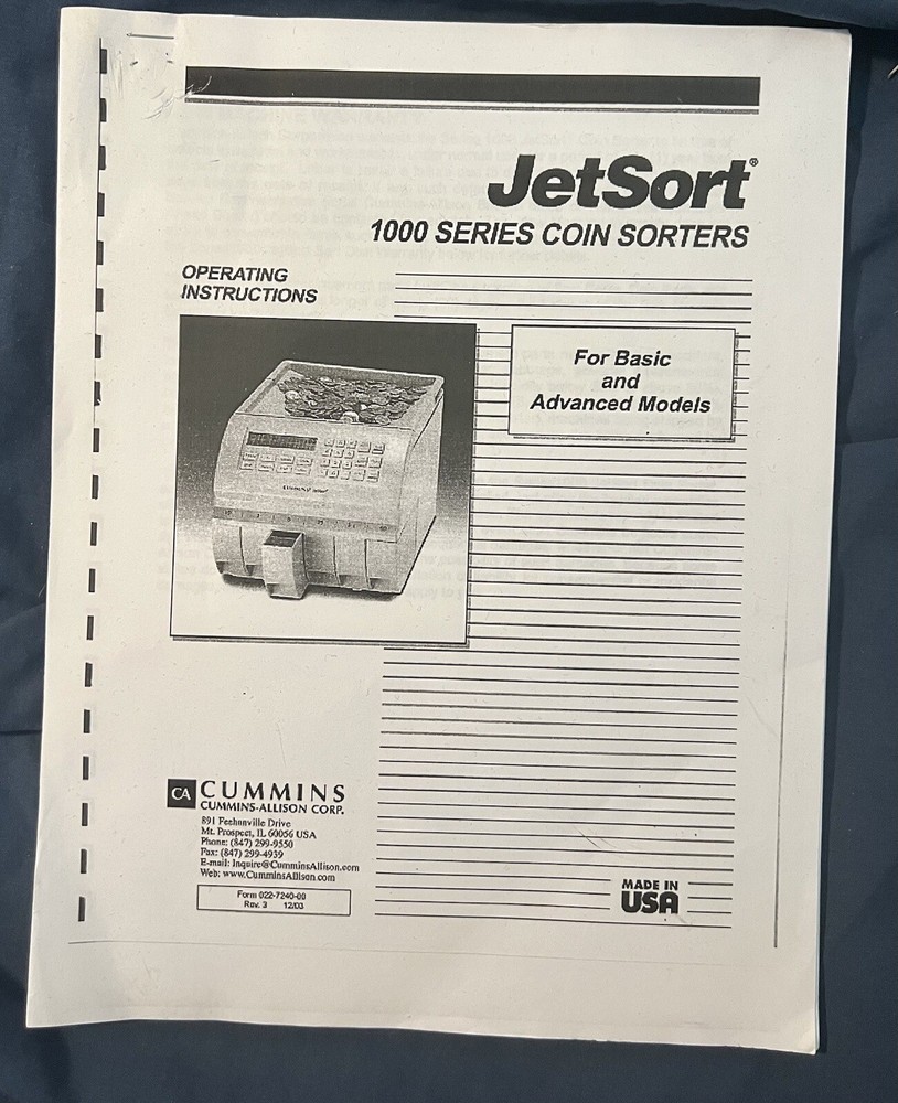 Cummins Allison JetSort 1000 Series Compact Coin/Change Counter/ Instructions