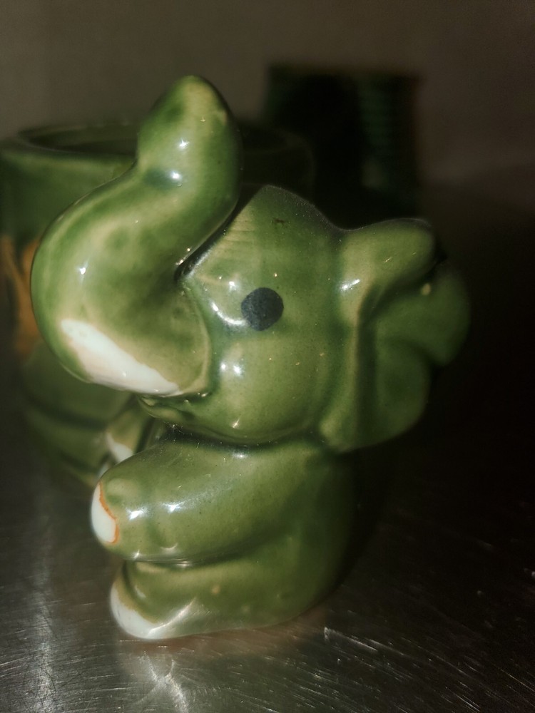 THREE Vintage Green Elephant Decorative Floral Tabletop Pottery Planters