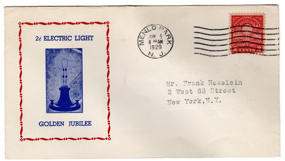 #654 Electric Light Edison 1929 FDC - Planty #42