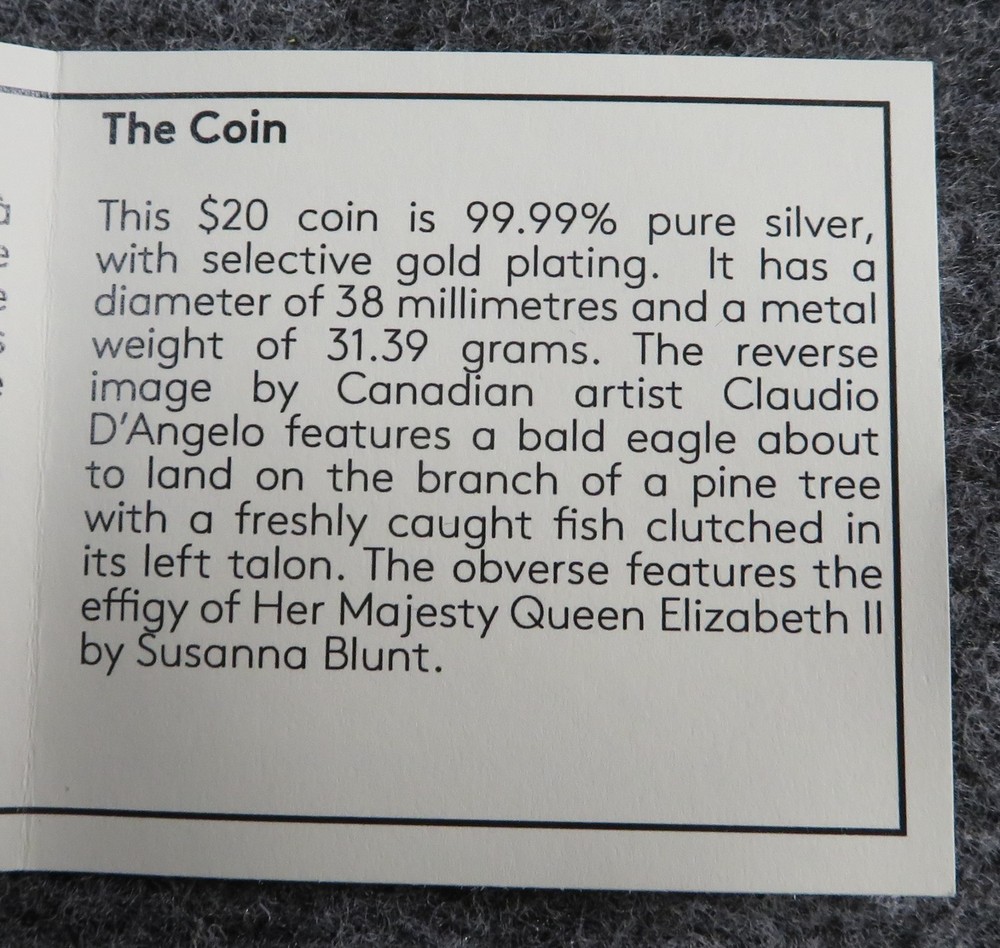2014 Canada $20 Gold Plated Silver Proof Coin - Bald Eagle