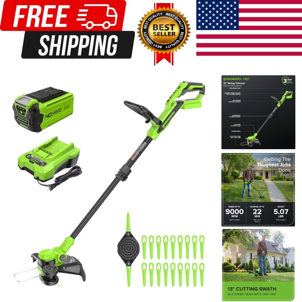 40V 13" Cordless String Trimmer/Weed Wacker + Edger Includes 20 Blades, 2.0Ah...
