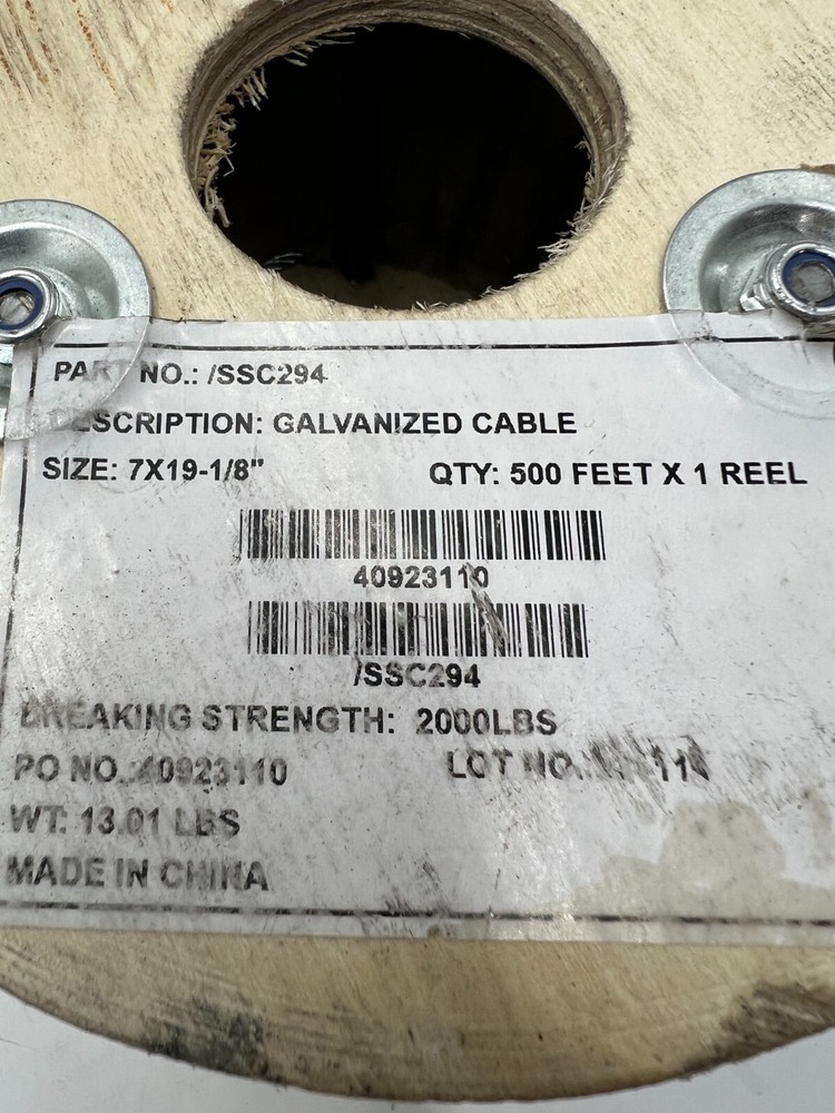 SSC294 Galvanized Cable 7X19-1/8" 500FT Breaking Strength 2000lbs
