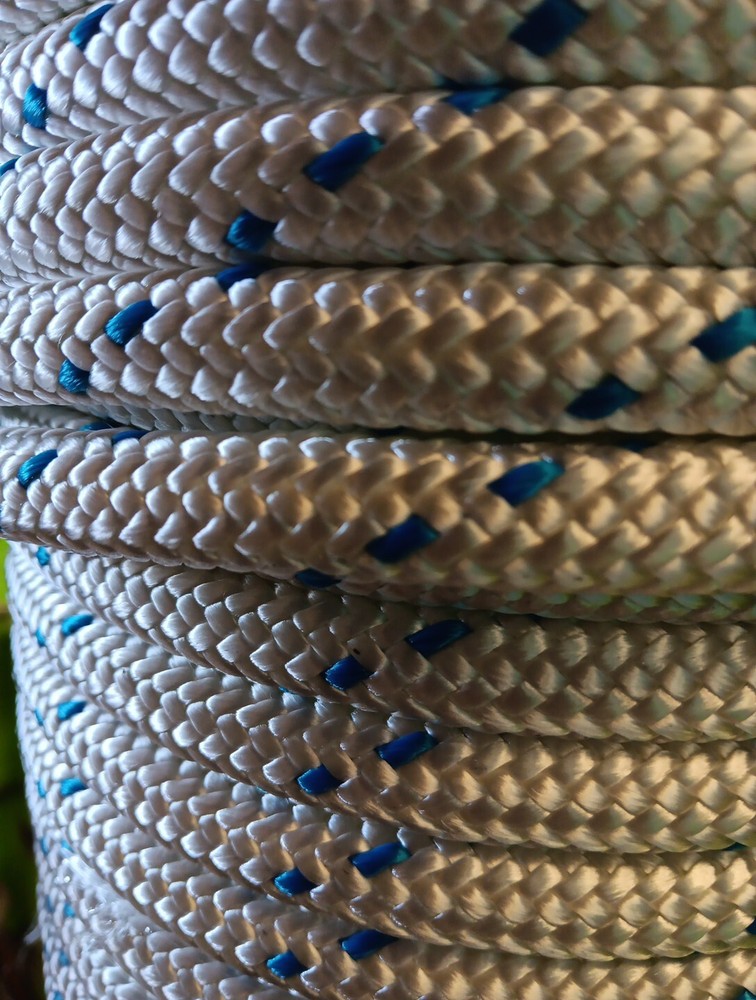 1/2 " x 100 ft. Double Braid-Yacht Braid Nylon Rope. White W/ Blue Trace