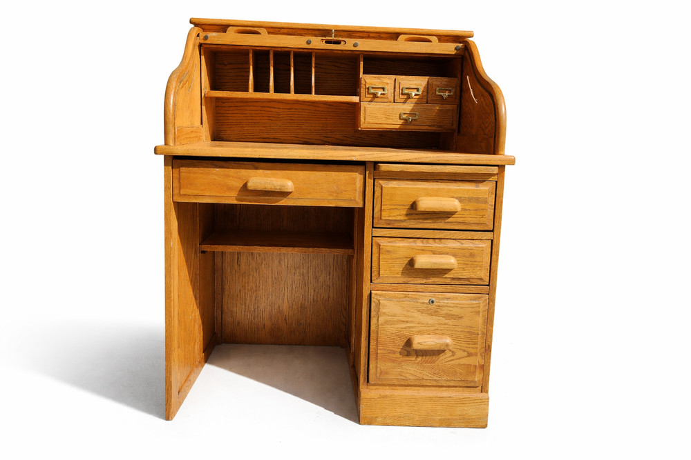 Vintage Small Eagle Craft Solid Oak Roll Top Desk Small Writing Desk w Drawers