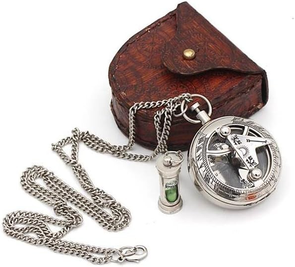 Vintage Style Silver Pocket Compass with Chain and Leather Case
