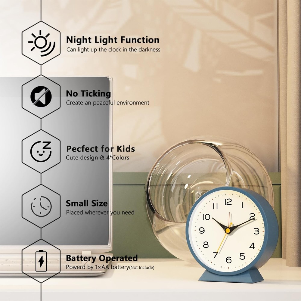 AYRELY® 4.5" Analog Alarm Clock,Small Retro Desk Clock Battery Blue