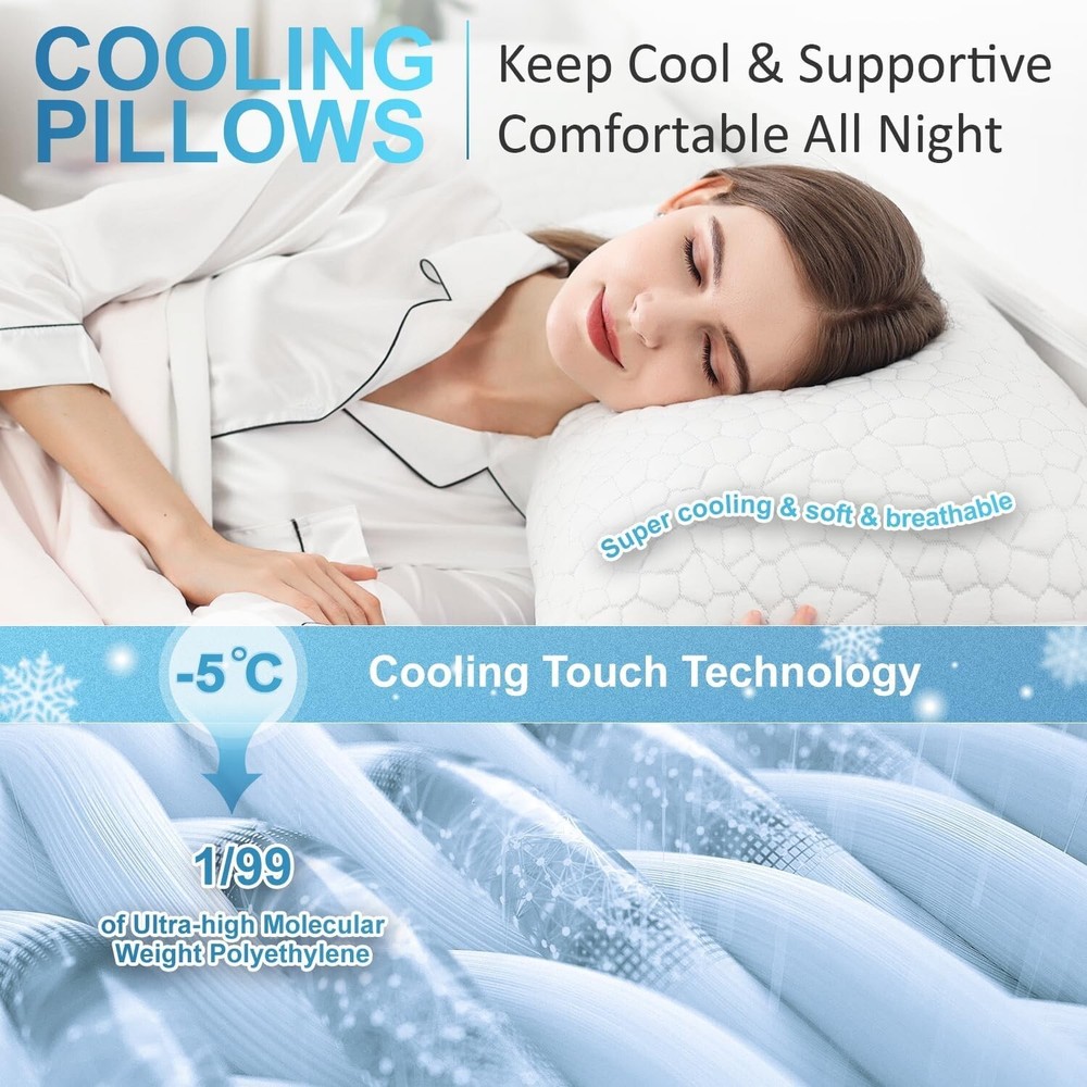Cooling Pillows for Sleeping 2 Pack, Shredded Memory Foam Bed Pillows Queen Size