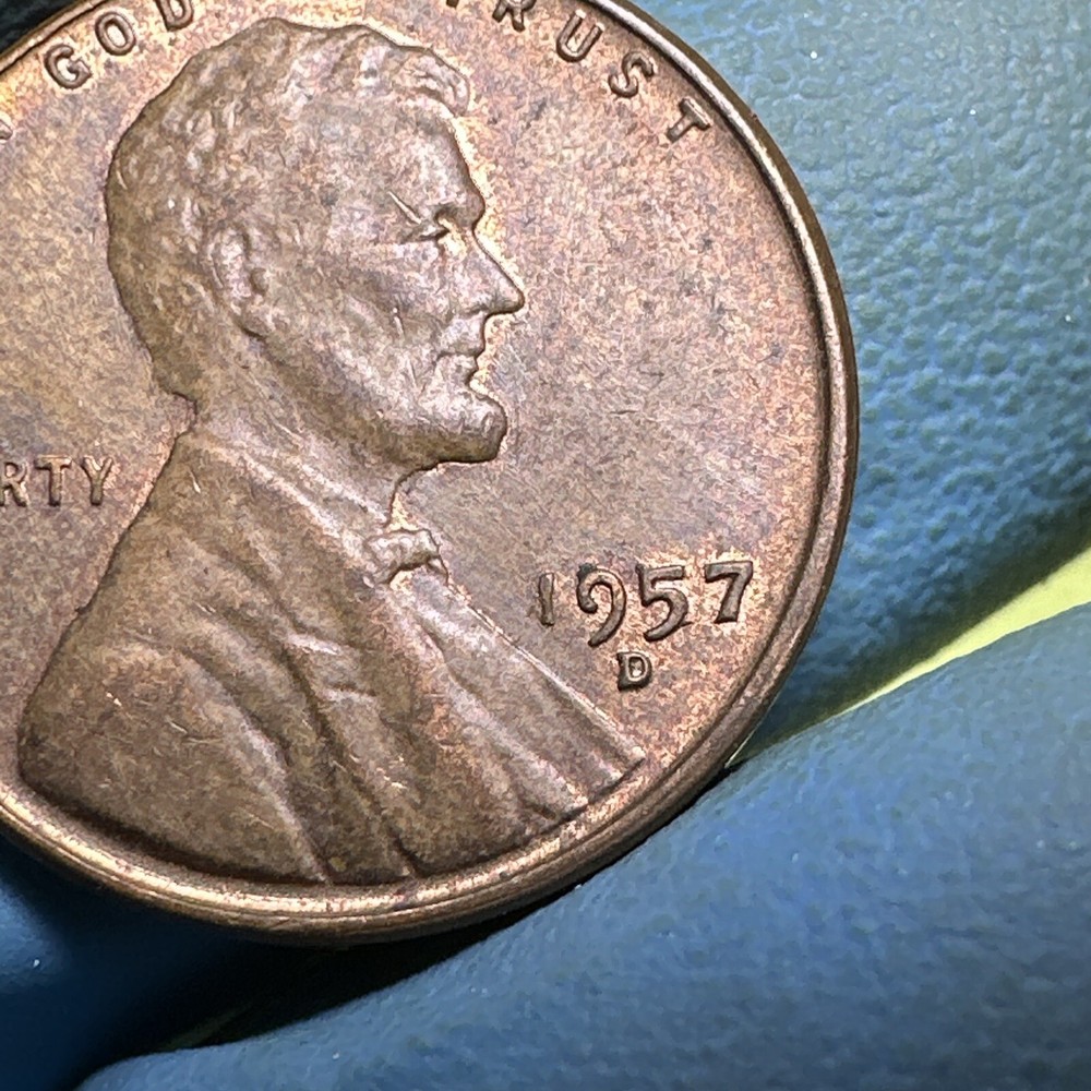 1957 D ERROR Wheat Penny / Die Chip Error Filled B