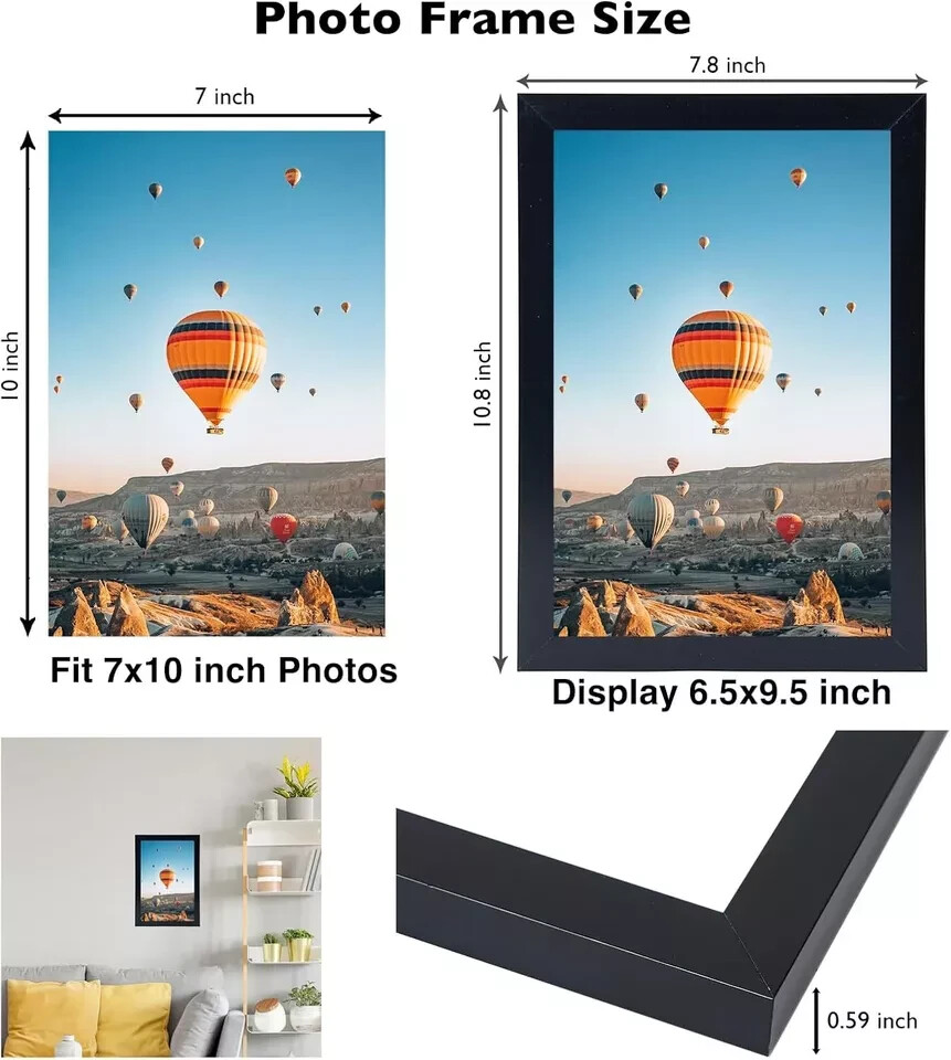 7X10 Picture Frame Black for Wall Hanging or Tabletop- Wall Mounting Horizontall