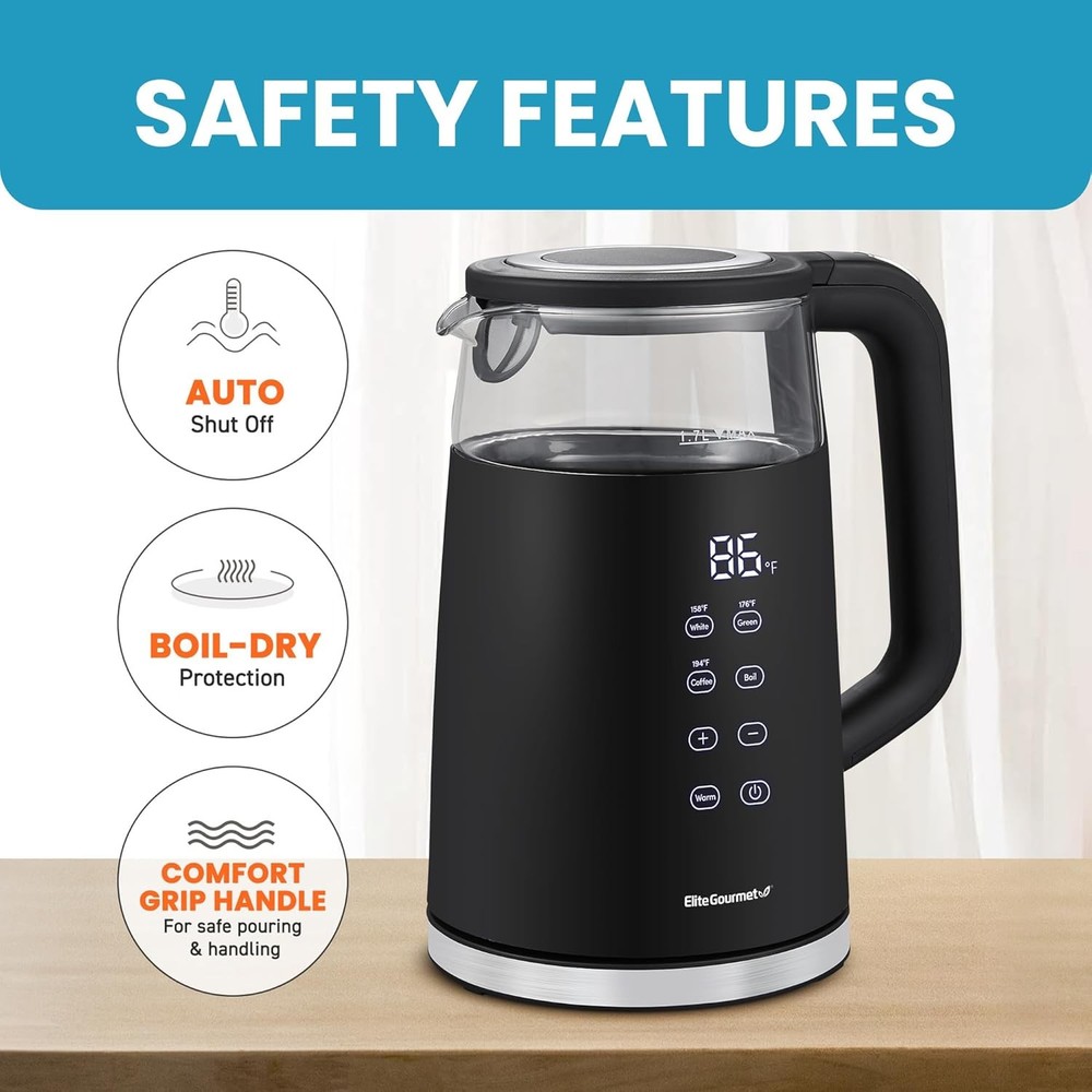 1.7L Dual Wall Cool Touch Electric Tea Kettle Programmed Digital Touchscreen