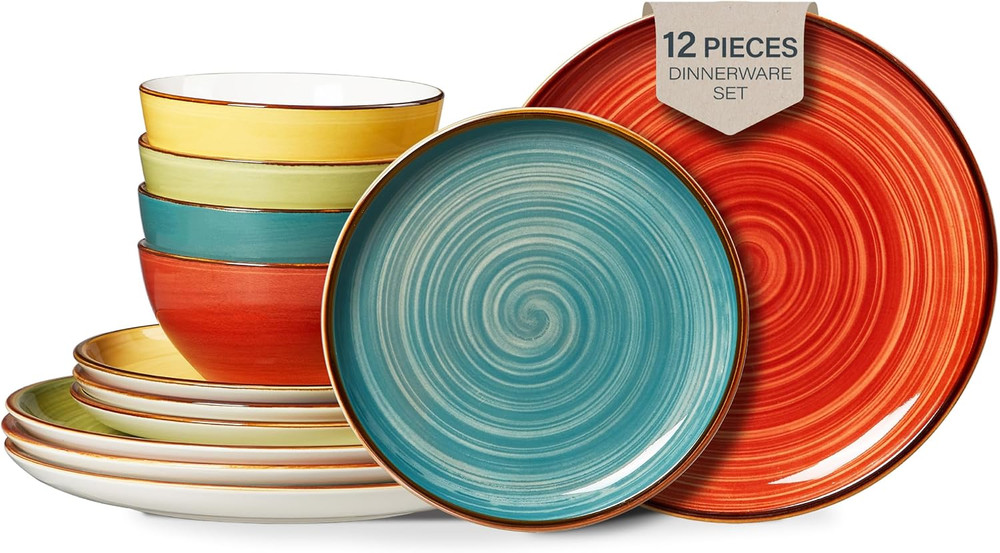 Plates and Bowls Set 12 Pcs,Stoneware Dinnerware Sets for 4 Microwavable,Oven &