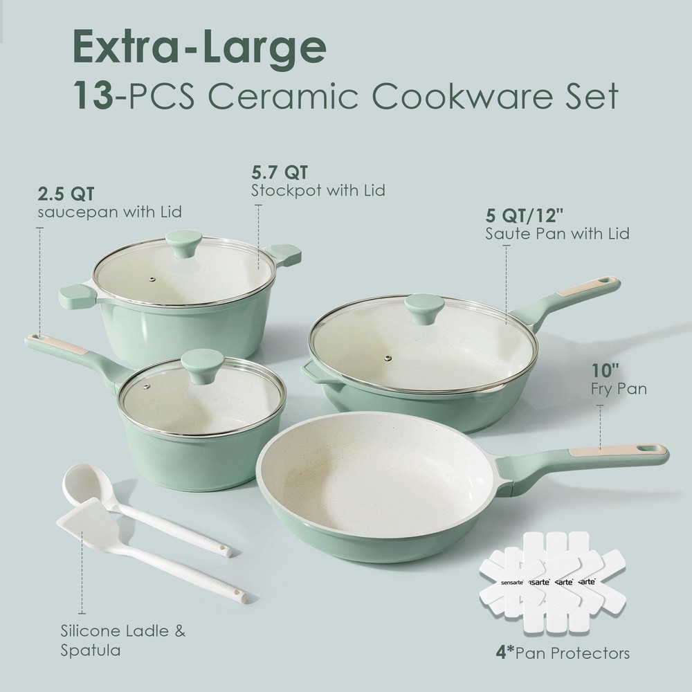SENSARTE Nonstick Ceramic Cookware Set Large 13-Piece, Large, Mint Green