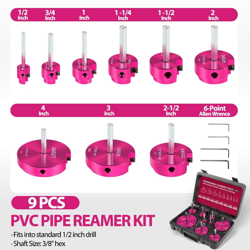9Pcs PVC Pipe Reamer, Plastic Fitting Reamer Plumbing 9-piece, Red