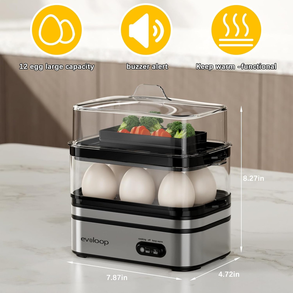 Rapid Egg Cooker Electric 12 Eggs Capacity, Soft, Medium, Hard Boiled, Poached,