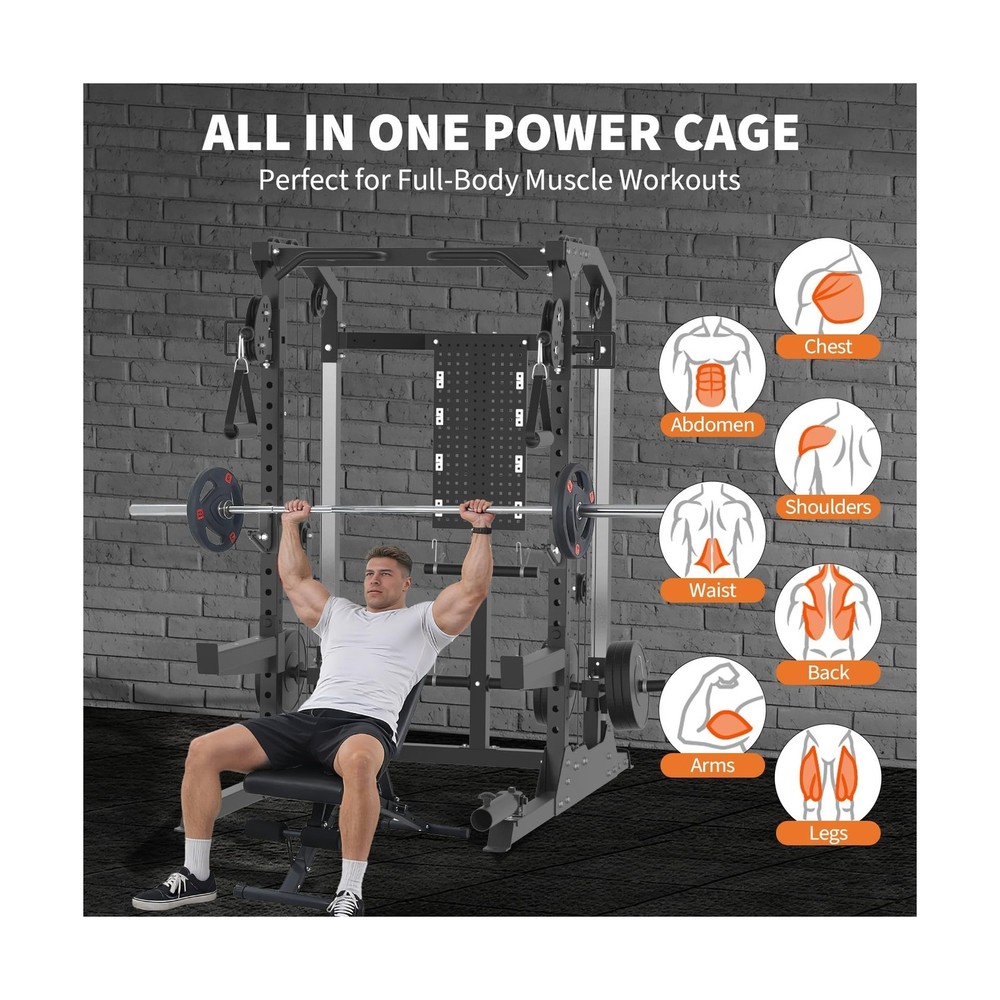 Power Cage, 2000LB Power Rack with Independent Dual Pulley System, Multi-Func...